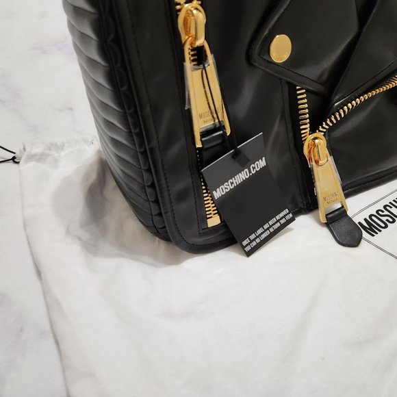 MOSCHINO COUTURE Macro Biker Bag GIANT Black Motorcycle Jacket Shoulder Purse - Picture 12 of 16